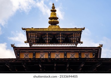 The beautiful Buddhist temple complex inside of the Fortress of the Glorious Religion in Thimphu Bhutan
