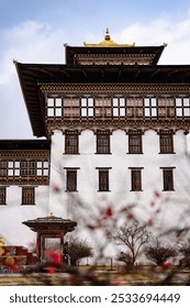 The beautiful Buddhist temple complex inside of the Fortress of the Glorious Religion in Thimphu Bhutan