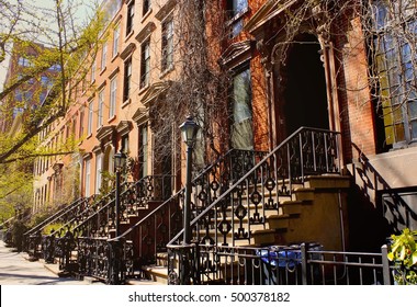 Beautiful Buildings In Greenwich Village, Soho District. Urban Landscape. Housing Doors With Stairs In Manhattan, New York City, USA. Typical Luxury Apartment Buildings In NYC.