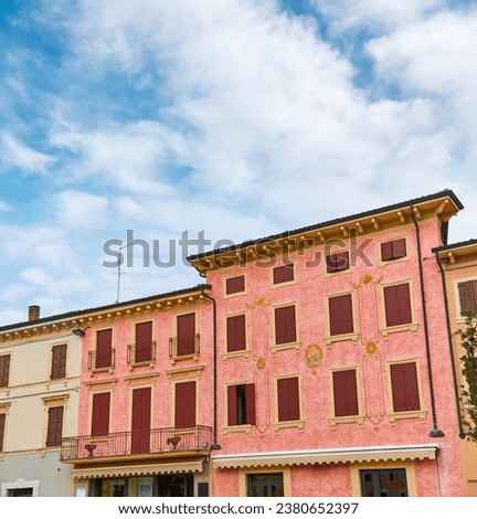 Beautiful buildings in the town hall square in valeggio sul mincio, in the province of Verona, Veneto. Italy.
