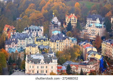 Beautiful buildings from traditional town of Karlovy Vary seen from above, Czech Republic
