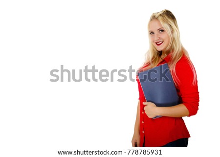 beautiful business girl in a red shirt with a folder in hands posing in studio - with copy space for product or text on the left isolated on white background
