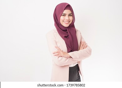 Beautiful business woman with hijab portrait on white background 