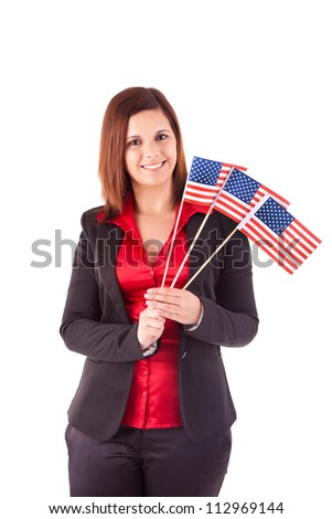 Beautiful business woman holding american flag