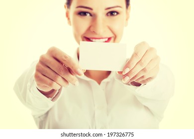 Beautiful Business Woman Holding Personal Card