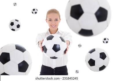 Beautiful Business Woman Holding Soccer Ball Over White Background With Flying Leather Balls