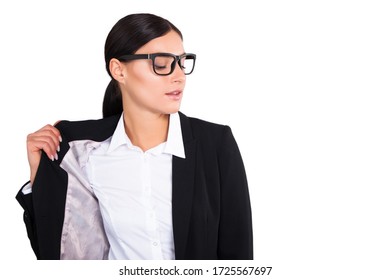 Beautiful Business Woman Too Hot In Her Suit  While On White Background. Stock Photo 