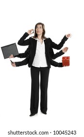 Beautiful business woman with six arms, making a call and holding, glasses, briefcase, pen, lipstick and a red box