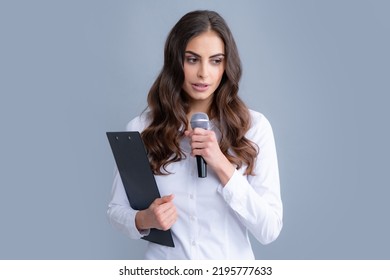 Beautiful Business Woman Is Speaking On Conference. Microphone Speech Speaking Concept. Young Beautiful Woman Singing Song Using Microphone.