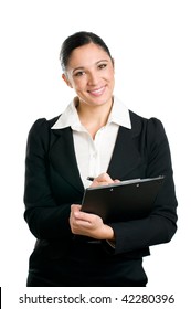 Beautiful Business Woman Taking Notes On Her Clipboard Isolated On White Background