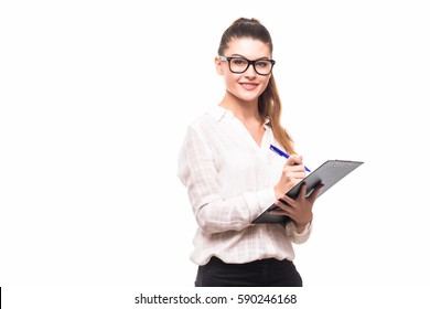 Beautiful Business Woman Taking Notes On Her Clipboard Isolated On White Background