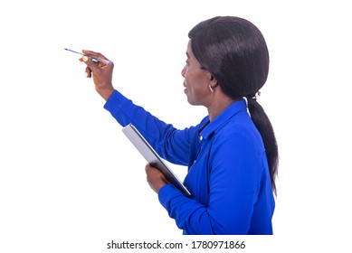 beautiful businesswoman in blue shirt standing on white background performing training while smiling. - Powered by Shutterstock