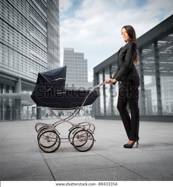 Beautiful Businesswoman Pushing Pram Office Buildings Stock Photo Edit