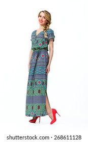 Beautiful Busyness Woman  Fashion Model In Summer Printed Long Dress With Slit