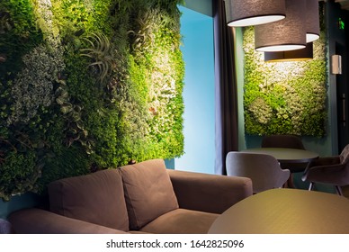 Beautiful Cafe Interior With Sofa And Walls With Living Greenery, Coffee Shop Or Restaurant