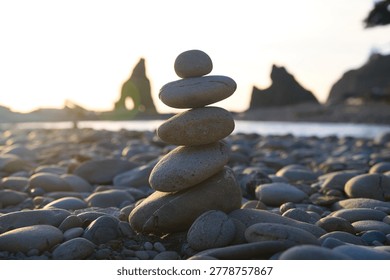 Beautiful cairn during sunset at Ruby Beach in Washington.