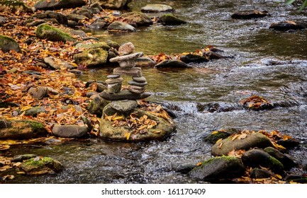 Beautiful Cairn Near River In Smoky Mountains National Park