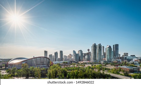 Beautiful Calgary City Skyline From Scotsman’s Hill On A Sunny Day, Canada. Shining Sun. Calgary Down Town 2019