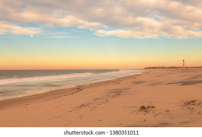 Beautiful Calming Sunrise At Cape May Lighthouse, NJ, In Early Spring, Atlantic Ocean