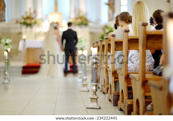 Beautiful Candle Wedding Decoration Church During Stock Photo