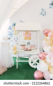 Beautiful Candy Bar Decor With Homemade Craft Marshmallows And Cupcakes In A Wooden White Cart