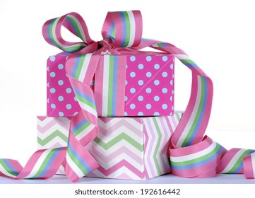 Beautiful Candy Color Gifts With Bright Pink And Blue Polka Dots With Pink, Blue, Green And White Stripe Ribbon For Birthday, Baby, Bridal Shower, Wedding,  Christmas, Fathers Day Or Mothers Day.