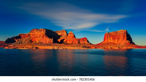 Beautiful canyon and lonely rocks on the Lake Powell, Utah. Lake Powell is based on Colorado River with a great view on the canyoon.