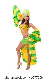 Beautiful Carnival Dancer Posing Against Isolated White Background