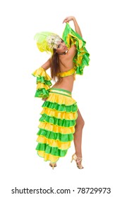 Beautiful Carnival Dancer Posing Against Isolated White Background