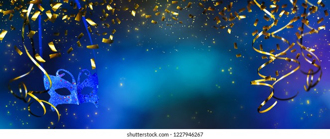 Beautiful Carnival Decoration Background, Border Of Golden Party Streamers, Raining Confetti And Carnival Mask At Abstract  Magic Blue Night Sky,  Carnival Concept With Copy Space In The Middle