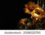 Beautiful carnival mask in darkness, closeup. Space for text