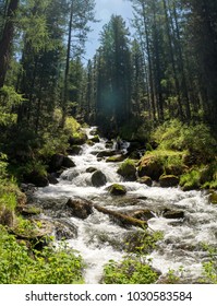 Beautiful cascades of small mountain river at the deep Siberian forest, Khakassia, Russia