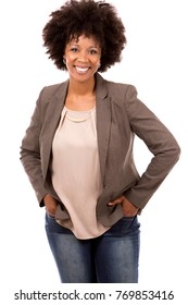 Beautiful Casual Black Woman Wearing Office Wear On White Isolated Background