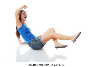 beautiful casual girl falling down to the flow isolated over white