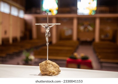 Beautiful catholic parish church indoor view of altar