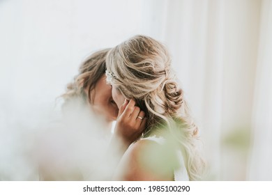 Beautiful Caucasian Couple Of Gay Women Kissing On Their Wedding Day. Lgtb Concept