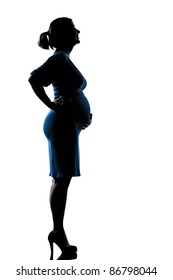 Beautiful Caucasian Happy Pregnant Woman In Full Length Silhouette On Studio Isolated White Background