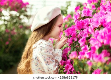 Beautiful caucasian little girl in greenhouse sniffing colorful azalea flowers. Portrait of a child girl wearing pink dress and  wear beret  in the botanical garden arbor among the blossom flowers