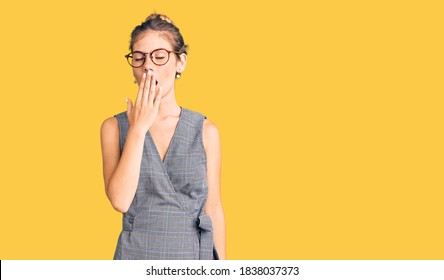 Beautiful Caucasian Woman With Blonde Hair Wearing Business Clothes And Glasses Bored Yawning Tired Covering Mouth With Hand. Restless And Sleepiness. 