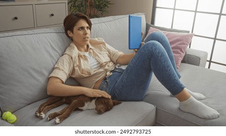 A beautiful caucasian woman lounges indoors on her sofa with a dog pet while using a tablet in her living room apartment. - Powered by Shutterstock