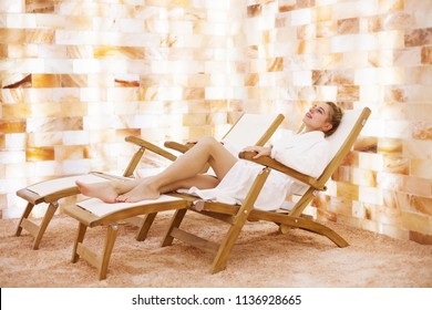 Beautiful Caucasian Woman In Salt Room In Spa