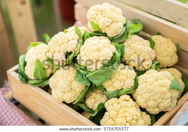 beautiful\
cauliflower with green leaves in a wooden\
crate