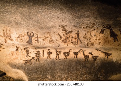 Beautiful cave paintings dating from the late Neolithic, Epipaleolithic and early Bronze Age. The Magura cave in Bulgaria. - Shutterstock ID 253748188
