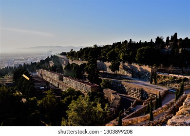 The Beautiful Montjuïc Cemetery In Barcelona. Beautiful Landscapes In The Background.