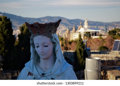 The Beautiful Montjuïc Cemetery In Barcelona. Beautiful Landscapes In The Background.