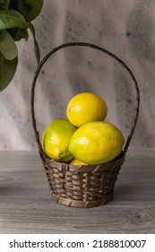 Beautiful Centerpiece With A Wicker Basket And Some Fresh Passion Fruit, Fruits As Decoration In The Studio, Texture Detail