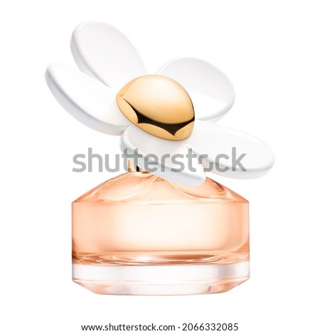 Beautiful Chamomile Flower Bottle of Perfume. Lady Eau De Toilette Bottle Isolated on White. Sweet Floral Fragrance for Women. Perfume Spray. Modern Luxury Women's Parfum De Cologne