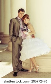 Beautiful Charming Bride Short Dress And Happy Groom