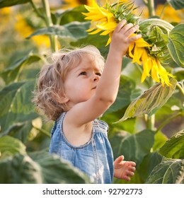 Beautiful Child With Sunflower In Spring Field