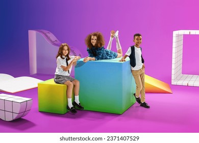 Beautiful children, pupils with 3D models of school supplies. Colorful creative design. Friendship. Concept of childhood, education, school, lifestyle, knowledge. Colorful collage. - Powered by Shutterstock